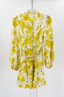 Zimmermann Wonderland Yellow Floral Linen Belted Mini Dress Button Front Size 2